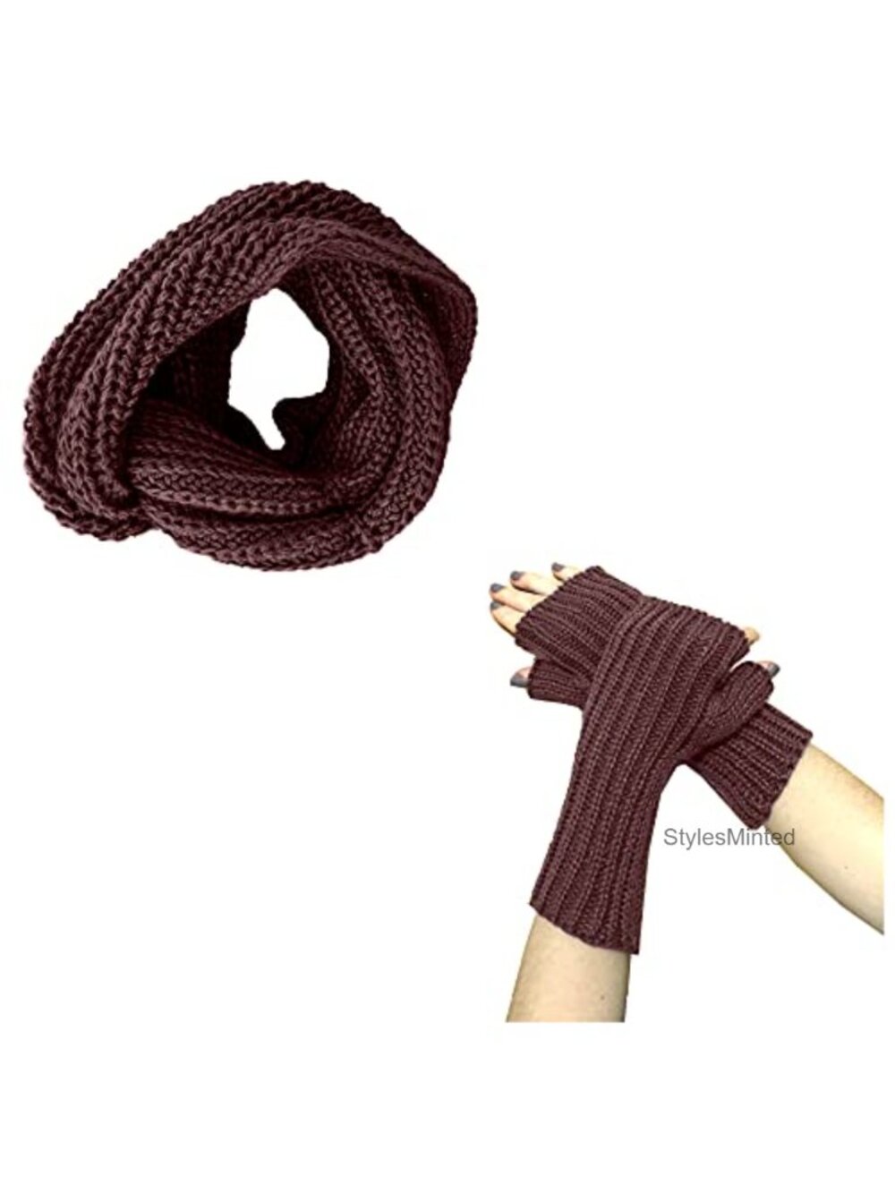 Alpaca Wool Knit Infinity Cowl Scarf & Mittens Set Unisex